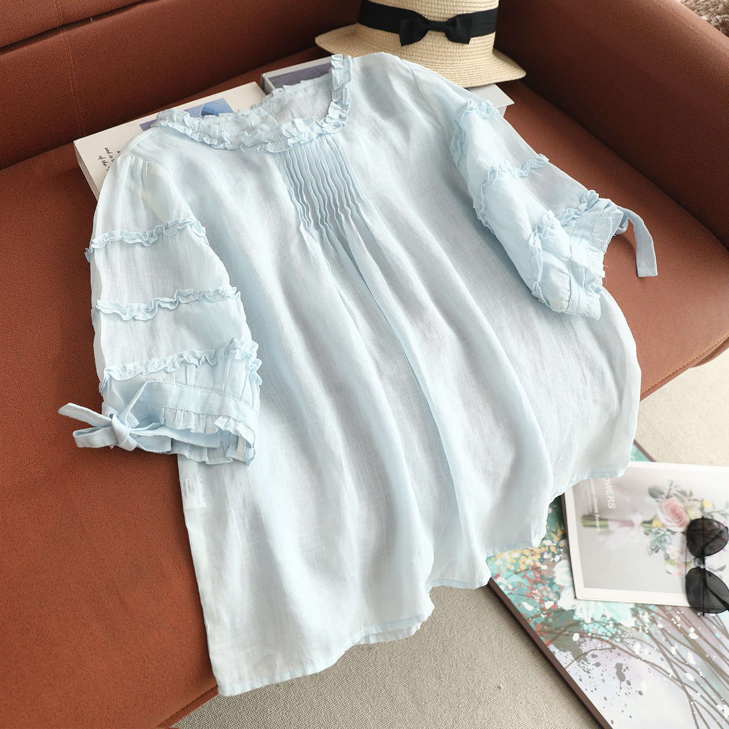 春夏新款木耳花边圆领苎麻短袖衬衫女宽松百搭甜美减龄捏褶娃娃衫,女装/女士精品,衬衫,淘宝优惠券,粉丝福利购,淘宝优惠卷