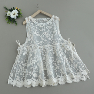 森系重工蕾丝绣花马甲女刺绣蕾丝外搭两侧系带系带欧根纱背心坎肩