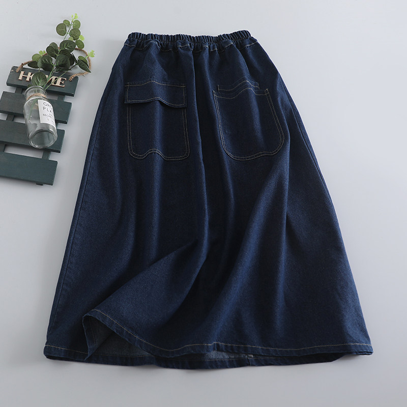 秋季新款文艺复古休闲双口袋牛仔女装半裙松紧腰A字显瘦中长款 潮