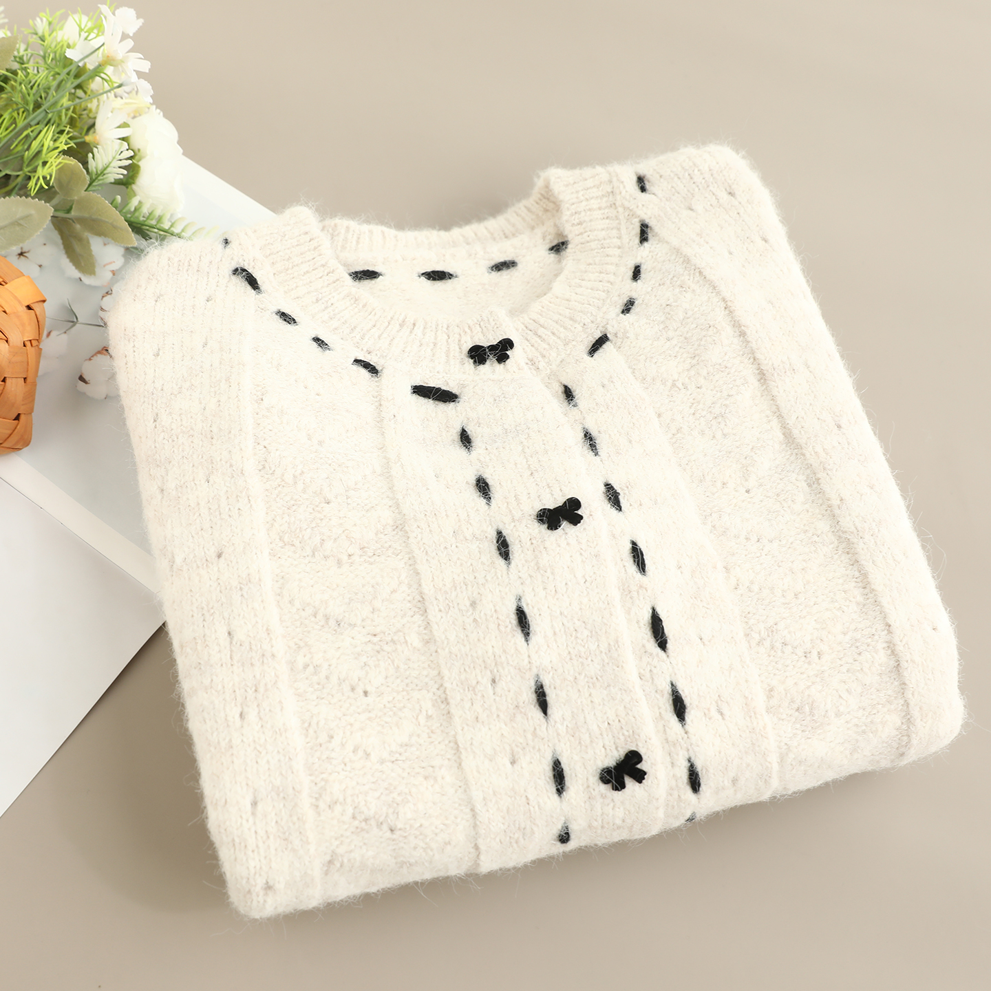 新款明线绣线蝴蝶结针织开衫