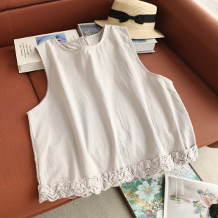 新款 设计感简约圆领木耳花边拼接纯色背心背后开叉2粒扣坎肩马甲