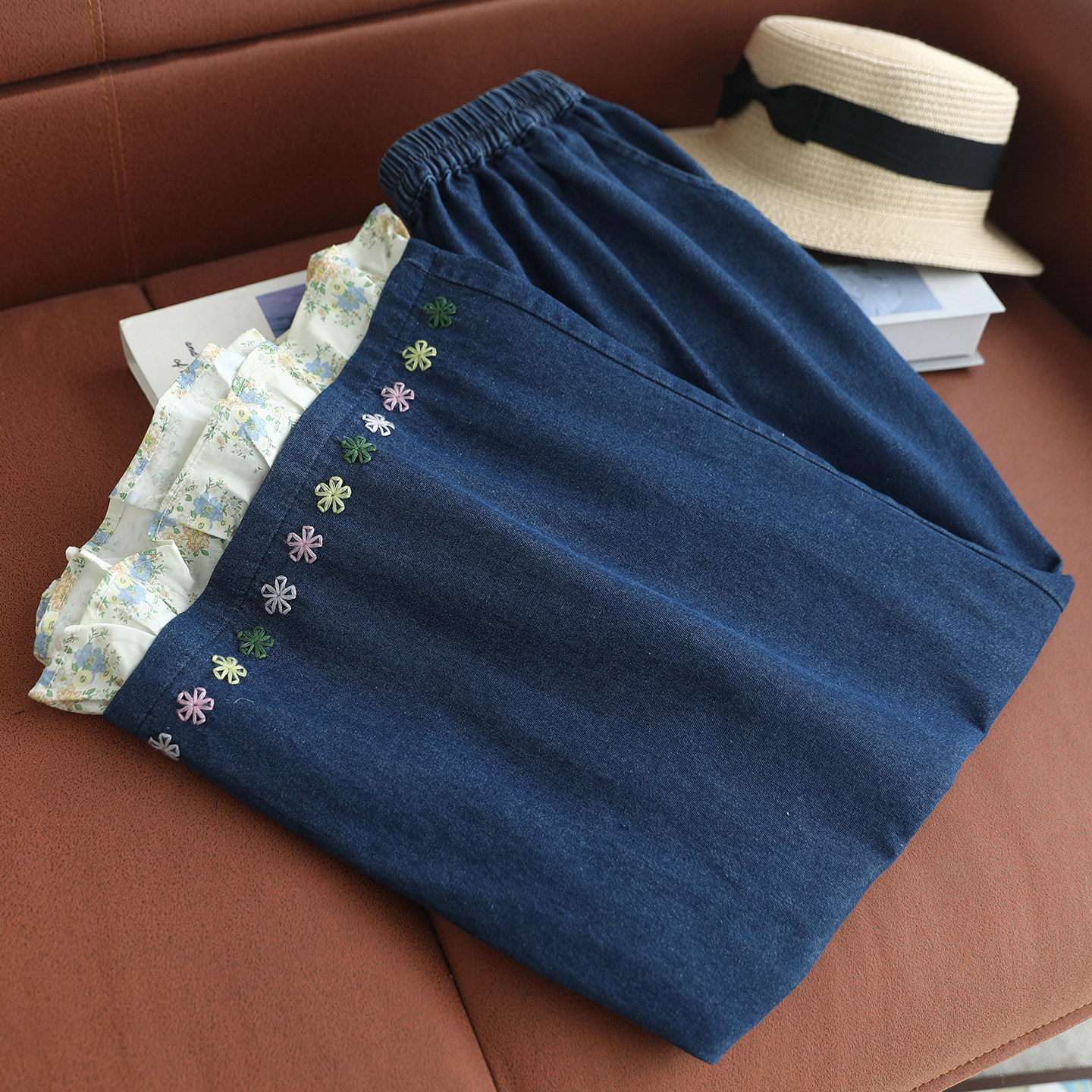 夏季森女碎花拼接牛仔阔腿裤