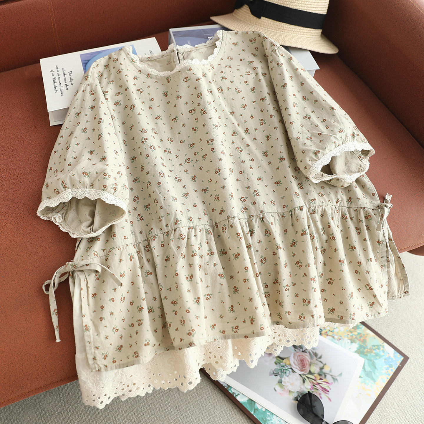 森女碎花短袖衬衫女春夏双层蕾丝花边两边系带田园风娃娃衫上衣潮