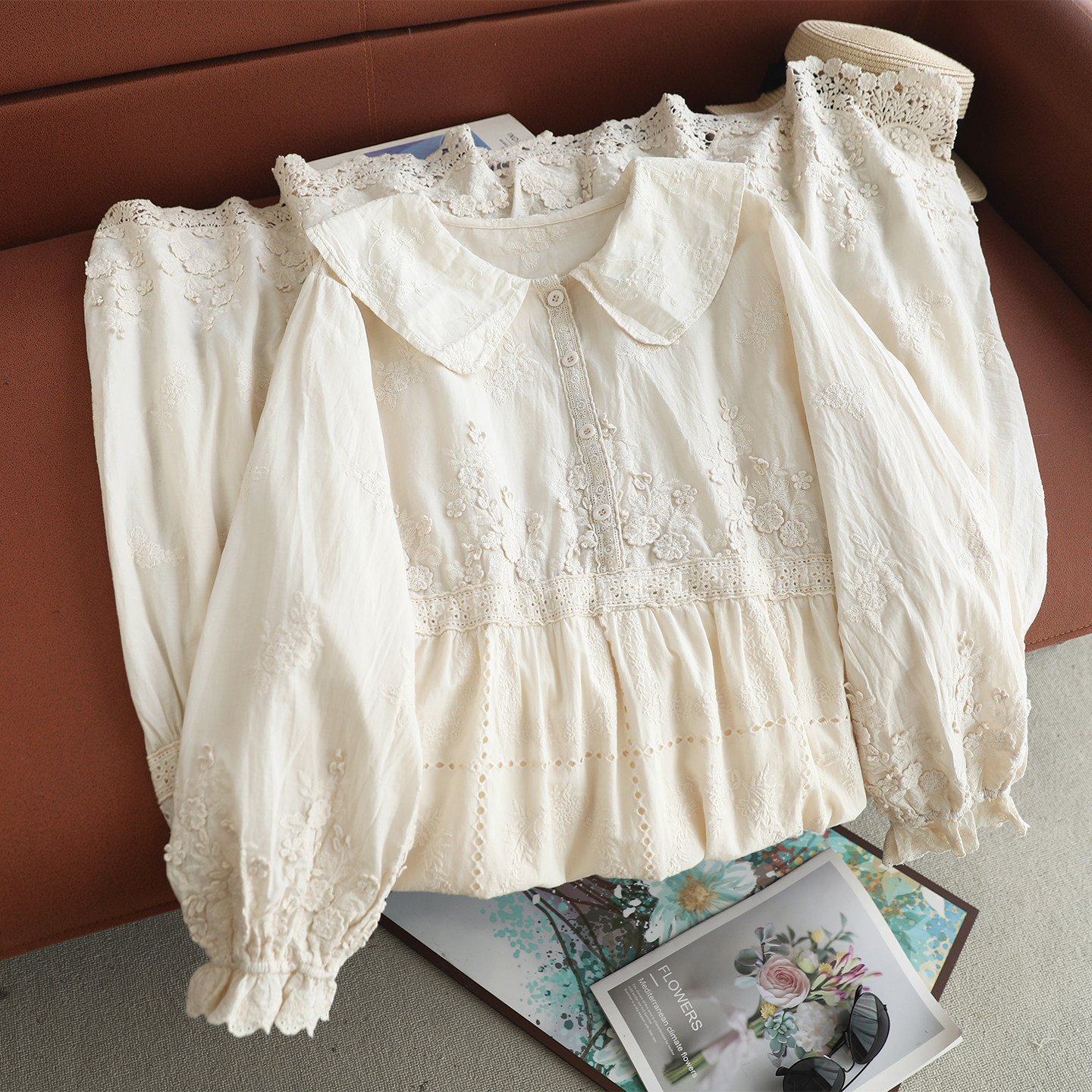 日系森女系娃娃领重工刺绣宽松长款连衣裙女立体花朵刺绣长袖裙子