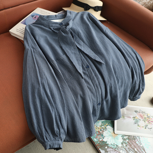 文艺小立领领带系带大版型条纹加绒衬衫宽松慵懒风泡泡袖上衣开衫