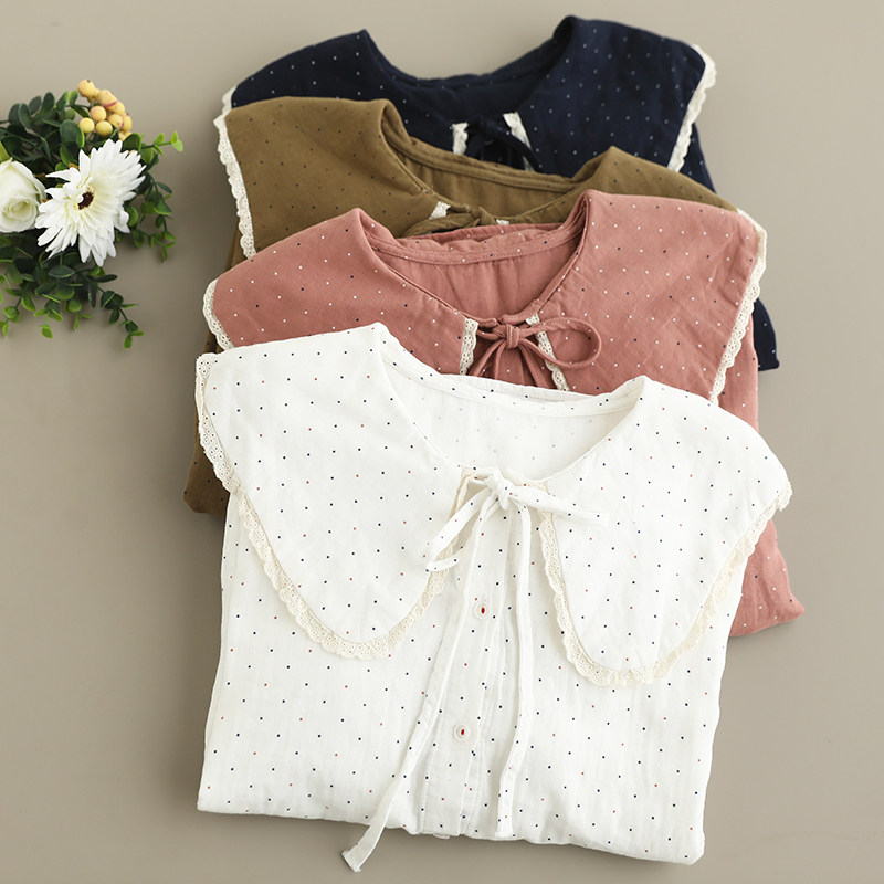 森系大领子系带波点棉纱衬衫女