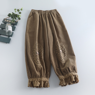 潮 女宽松百搭减龄九分花苞裤 新款 森女系勾花贴布花边灯芯绒灯笼裤
