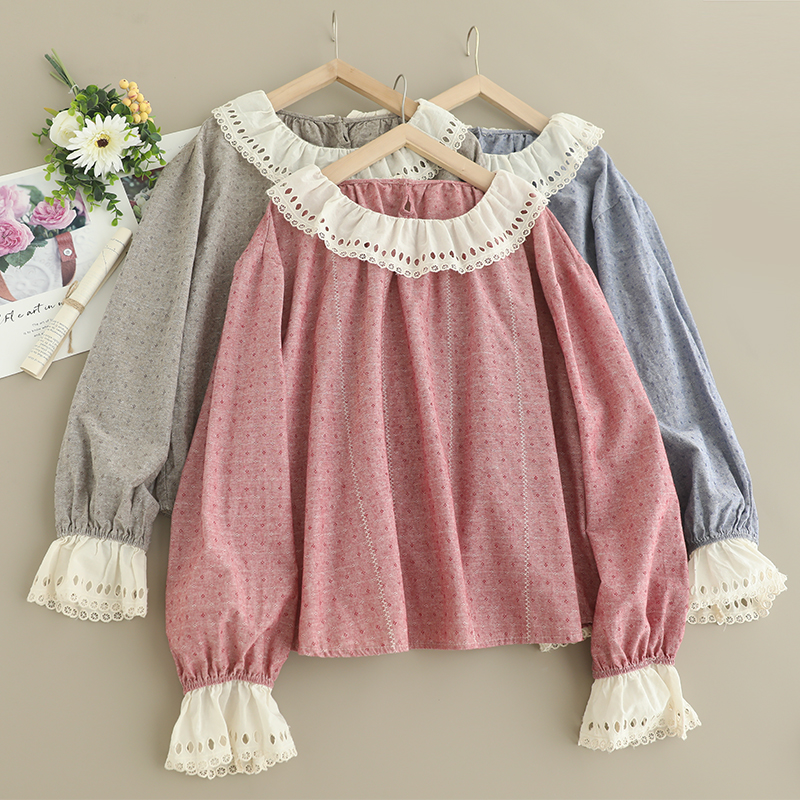 新款荷叶花边领长袖衬衫女宽松百搭小清新减龄套头娃娃衫上衣 潮