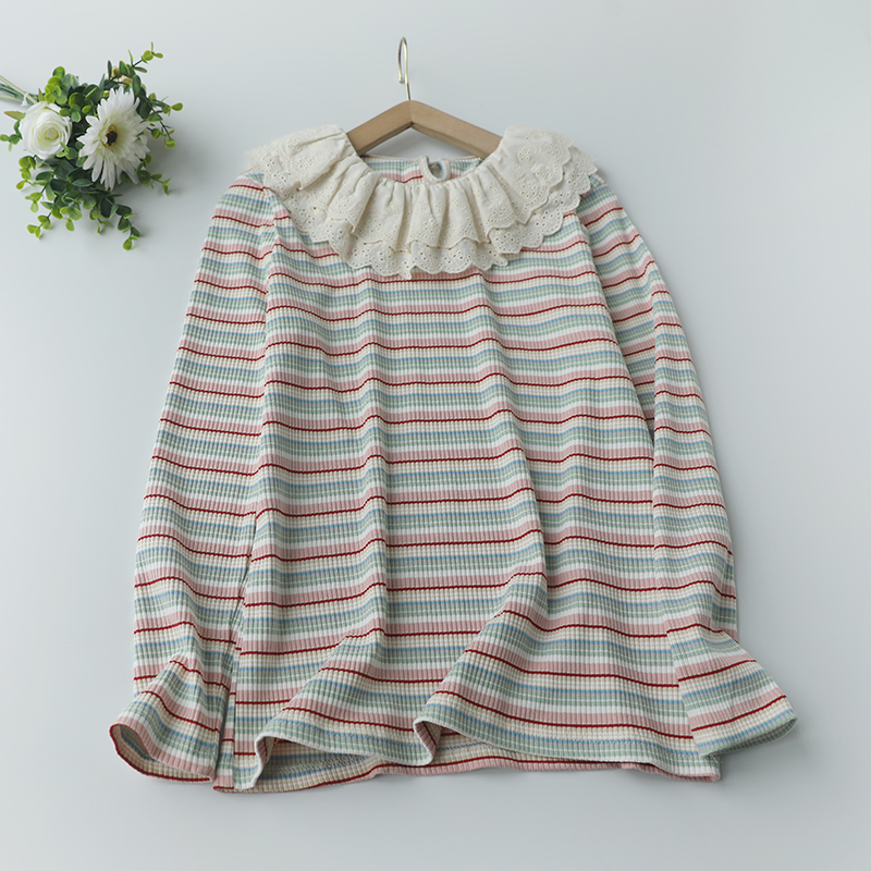 新款荷叶花边领条纹打底衫女宽松百搭小清新甜美减龄长袖套头衬衫