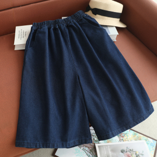 宽松休闲牛仔五分裤 简约松紧腰阔腿短款 女日系复古慵懒风通勤夏季