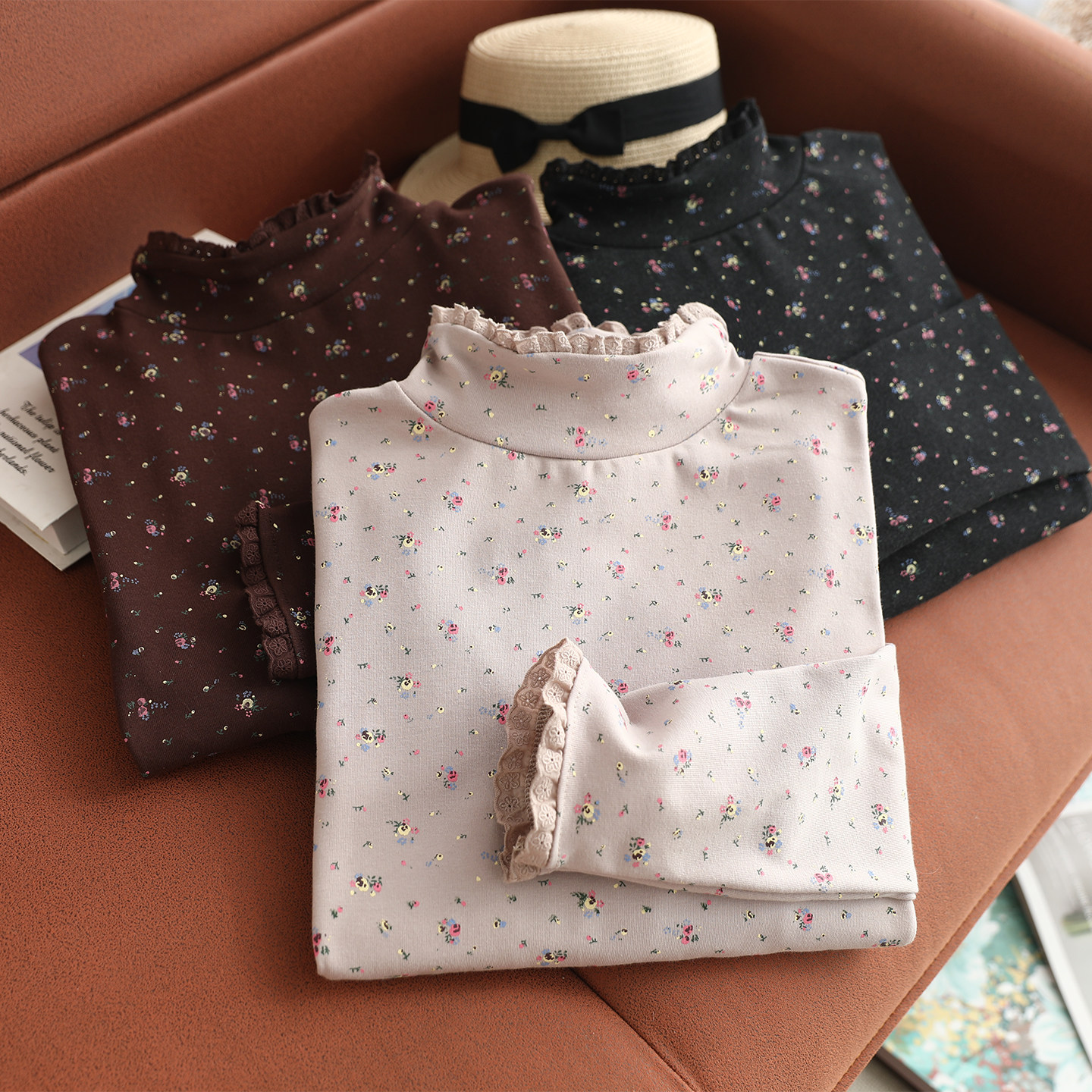 新款棉质半高领碎花长袖打底T恤