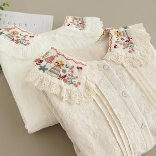 森女系大领子加绒衬衫 花边上衣 女宽松百搭重工绣花甜美小清新长袖