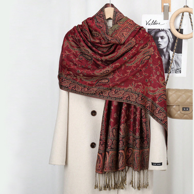 新款民族风复古流苏旗袍披肩棉腰果花提花围巾女士空调房披风丝巾