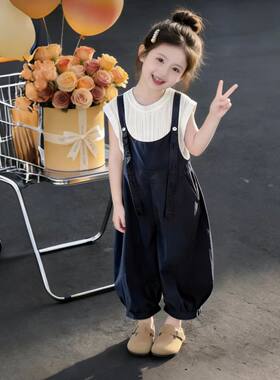 女童夏款背带裤套装2026新款小女孩韩版宽松洋气连体裤T恤两件套