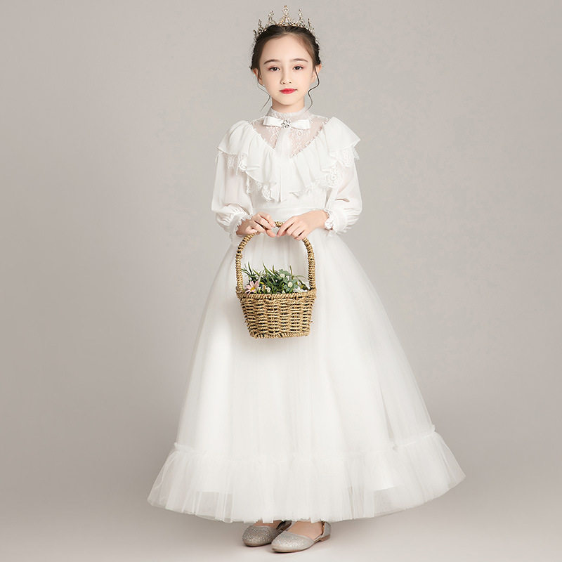 女童礼服白纱时尚花童公主裙儿童婚纱裙钢琴演出服主持人长袖秋冬