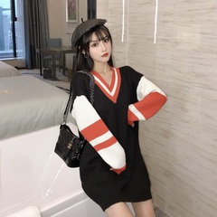 Real price V-neck contrast stripe T-shirt Pullover fall / winter lazy mid length loose sweater