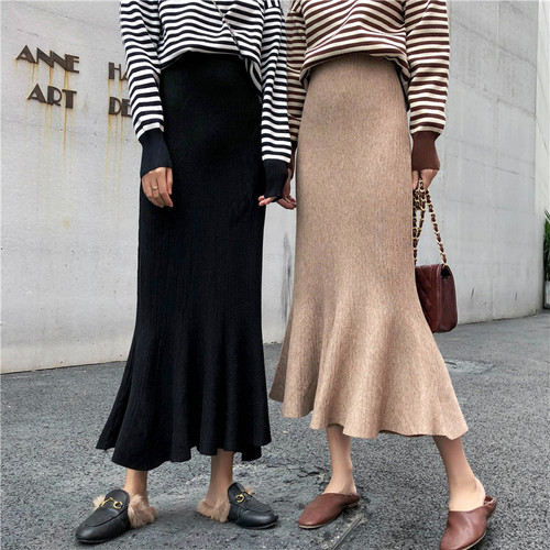 Composition Real Price Jacket Knitted Loose Stripe Bottom Sweater + Medium and Long Hip-wrapped Skirt Fishtail Skirt