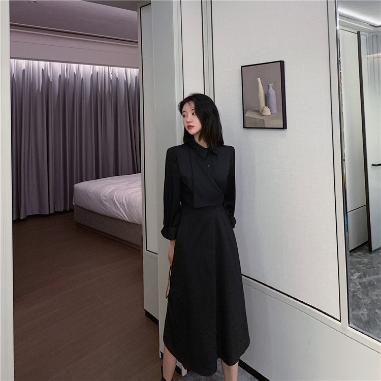 Real photo real price side strap long sleeve high waist solid color suit dress women's sweet medium long skirt