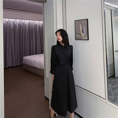 Real photo real price side strap long sleeve high waist solid color suit dress women's sweet medium long skirt