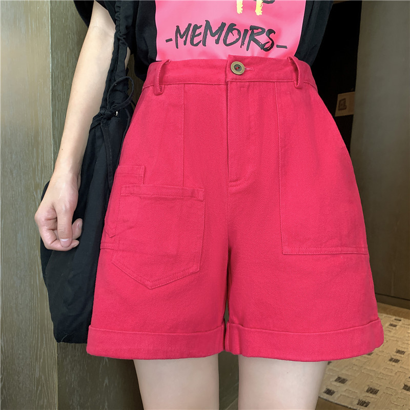 Real price big pocket high waist rose red A-line pants summer casual tooling wide leg shorts