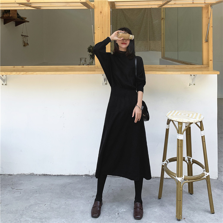 Real shot real price autumn and winter high collar warm Knit French minority temperament medium long dress