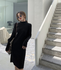 2636 real price autumn winter Korean long knitted dress with half high collar and sweater skirt