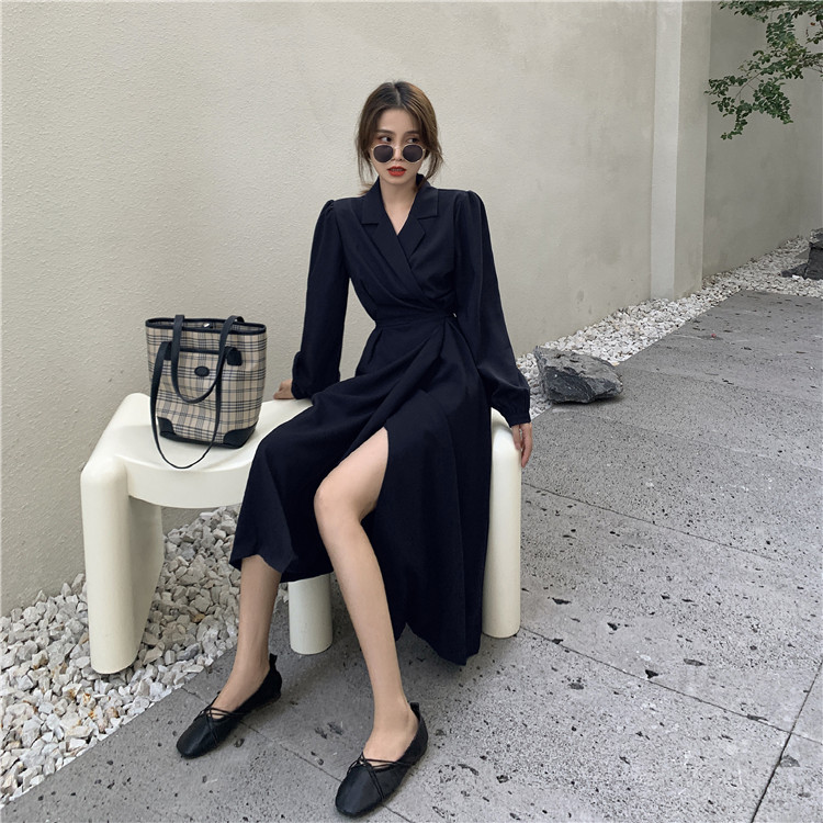 Real shot real price autumn Korean solid color lace up waist dress women's V-neck bubble long sleeve mid long skirt