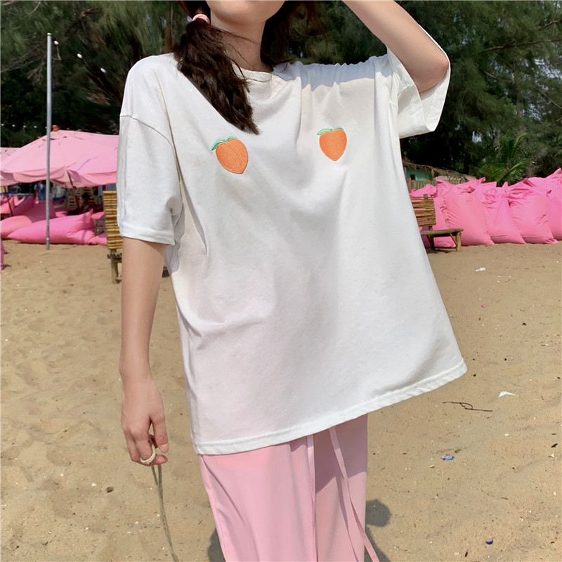 Peach embroidery short sleeve T-shirt women's Korean casual versatile solid color loose thin tee