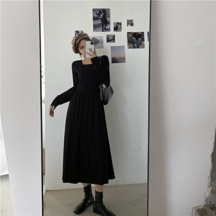 Real price autumn and winter French square collar back lace up slim dress