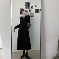 Real price autumn and winter French square collar back lace up slim dress