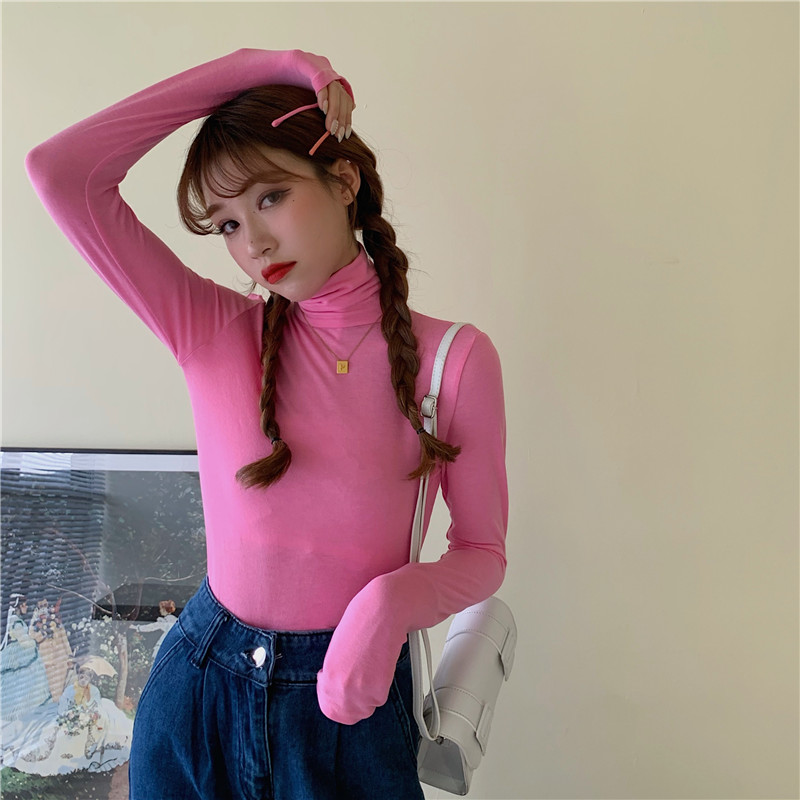 Real price slim bottom shirt high collar thin early autumn foreign style Korean long sleeve T-shirt