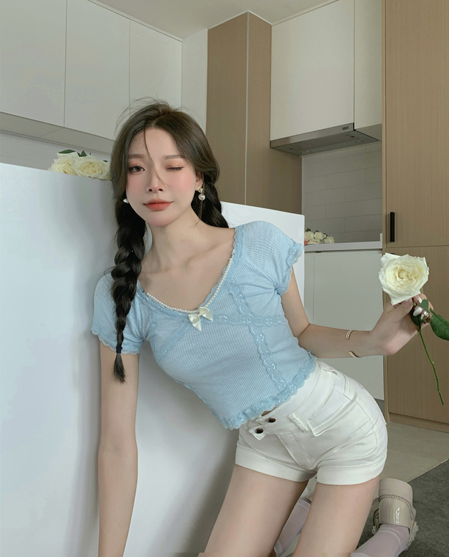 Real price lace pearl chain bow short T-shirt slim collar top