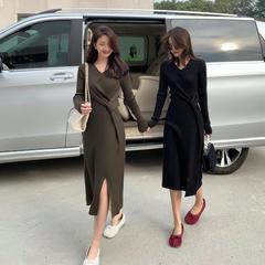 Real price autumn and winter slim V-neck waist knit dress mid length split Knee Skirt