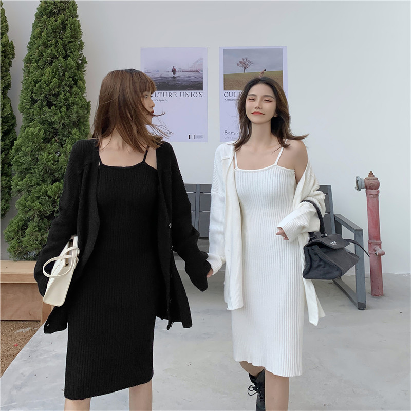 Real price knitted suspender dress women's slim skirt / cardigan small coat two piece set