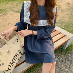 Real shot real price Lace Shawl splicing A-line skirt Korean version waist closing fake two piece long sleeve round neck skirt