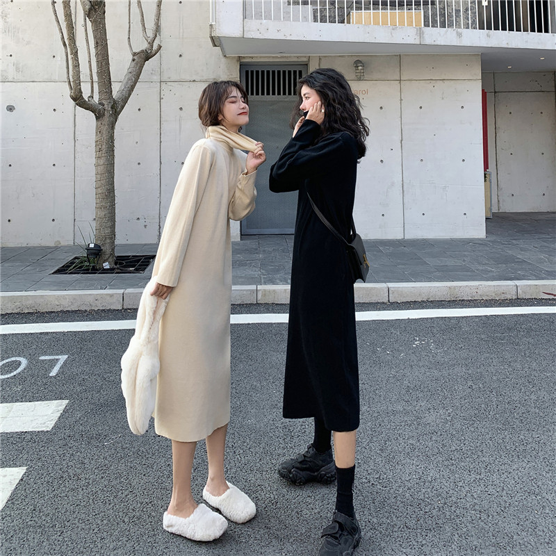 Korean loose medium length knitted wool dress with high collar and long sleeve