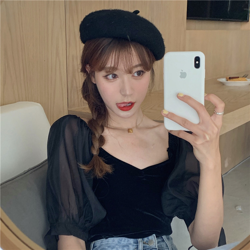 Real price temperament collar top women's new mesh bubble sleeve Vintage velvet sweater