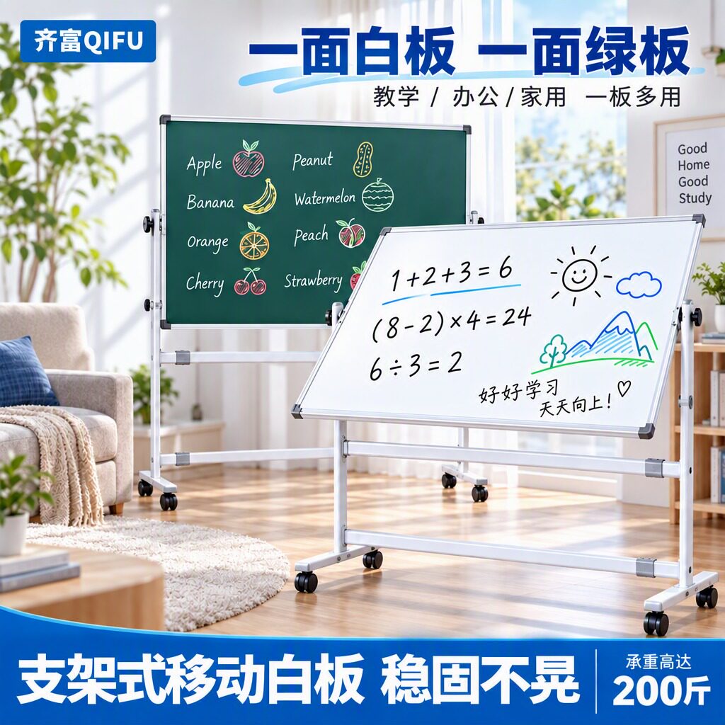 齐富白板写字板加厚支架式移动黑板家用教学双面儿童大画板留言板立式培训办公用磁性白板水笔可擦写带支架