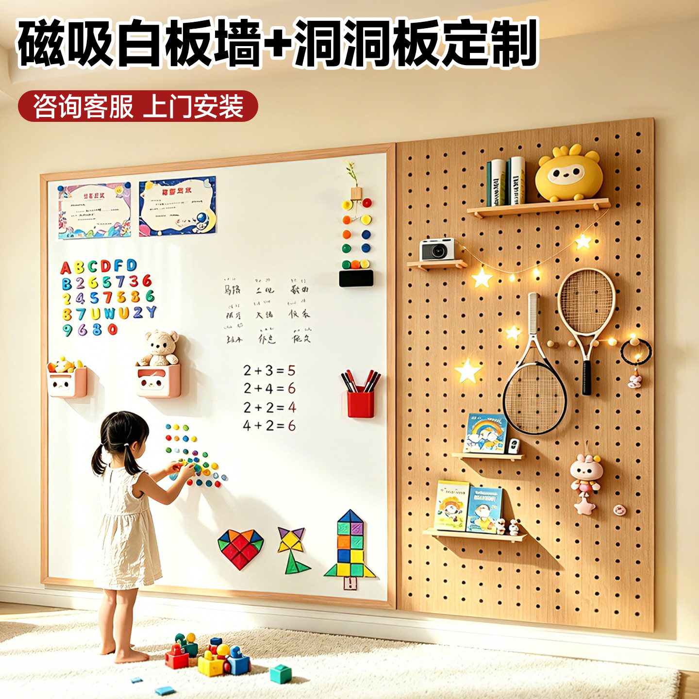 齐富磁吸白板珐琅板组合洞洞板软木照片墙定制实木原木风家用展示板客厅玄关收纳置物架儿童涂鸦磁力画板黑板