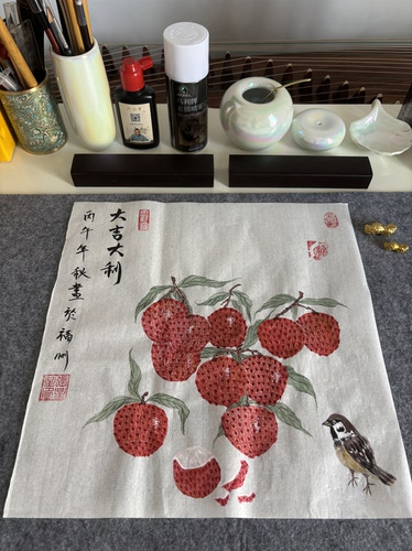 纯手绘荔枝麻雀国画吉利图斗方花鸟小品玄关茶室装饰送礼收藏原作