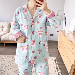 外贸正品轻奢PJS春秋全棉磨毛柔软睡衣女套装高端纯棉月子家居服.