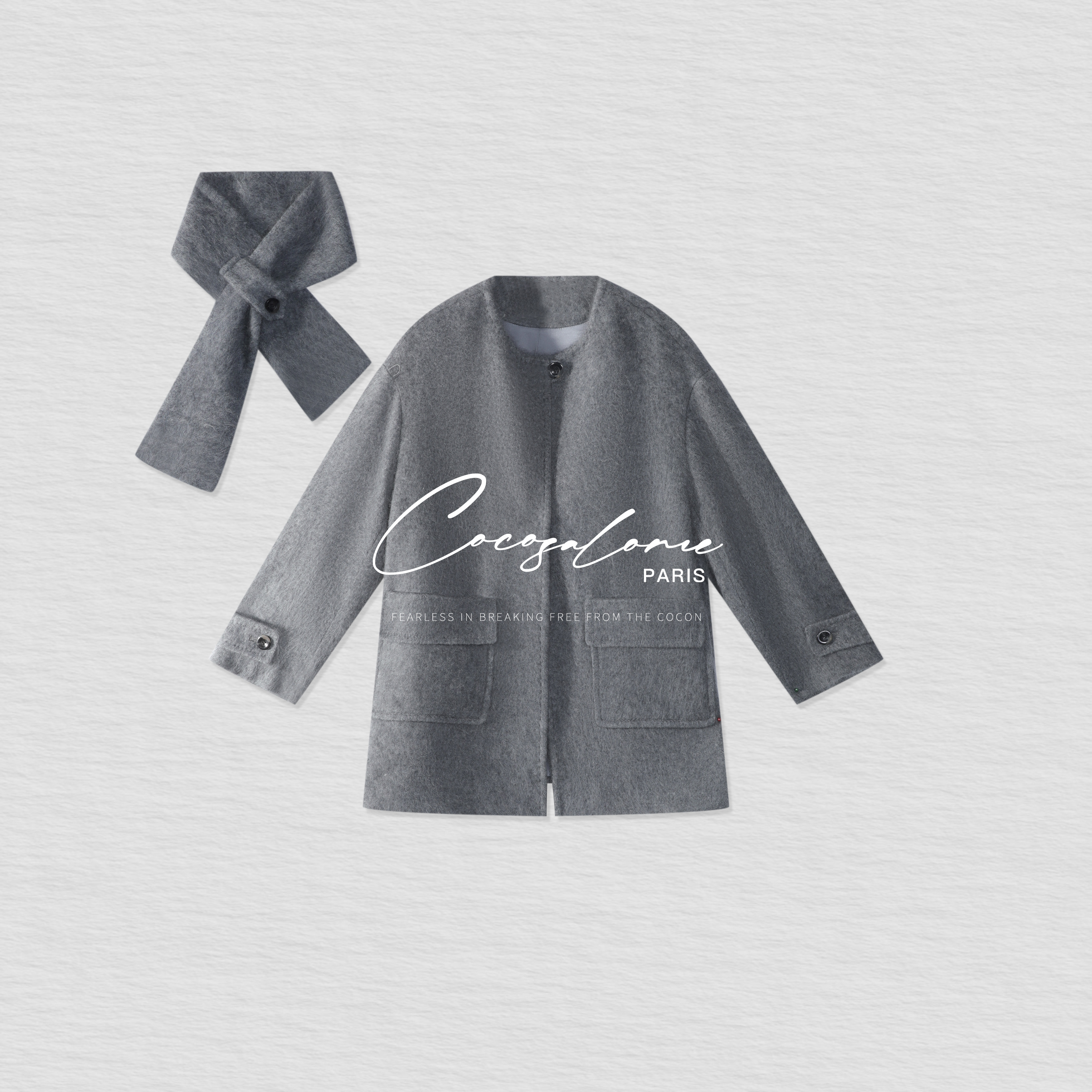 韩彬彬"悉尼"秋冬100%绵羊毛拉绒翻领大围脖保暖毛呢外套女款3536