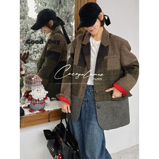 韩彬彬 秋冬绵羊毛复古撞色格纹拼接落肩西服外套女3558 独特魅力