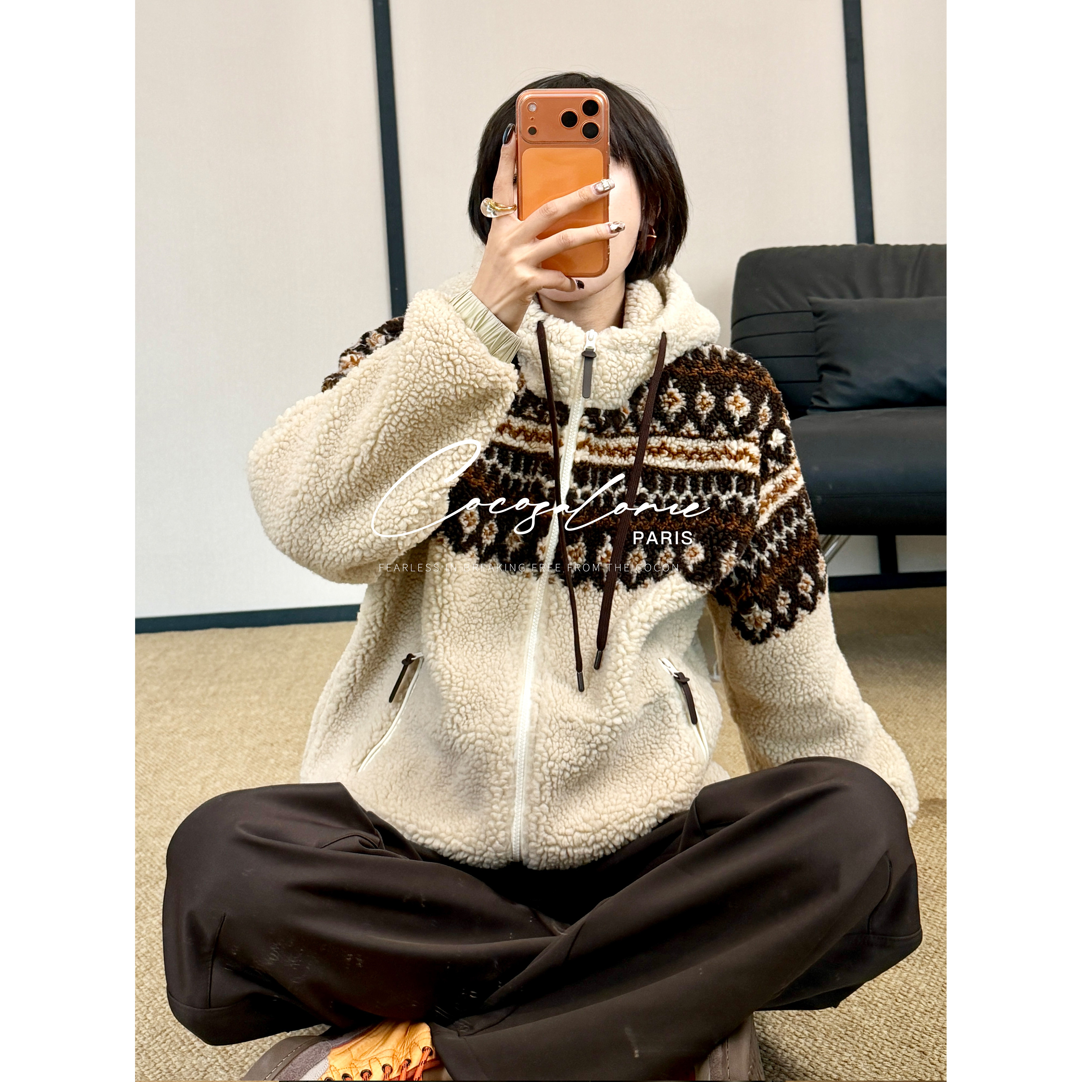 秋冬提花针织拼接羊羔绒加厚外套