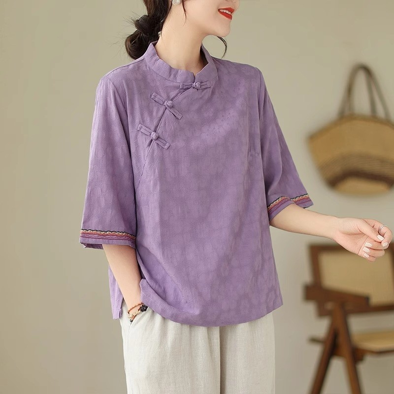 中国风复古文艺斜襟盘扣上衣女夏季中式茶服民族风五分袖棉质衬衫,女装/女士精品,衬衫,淘宝优惠券,粉丝福利购,淘宝优惠卷
