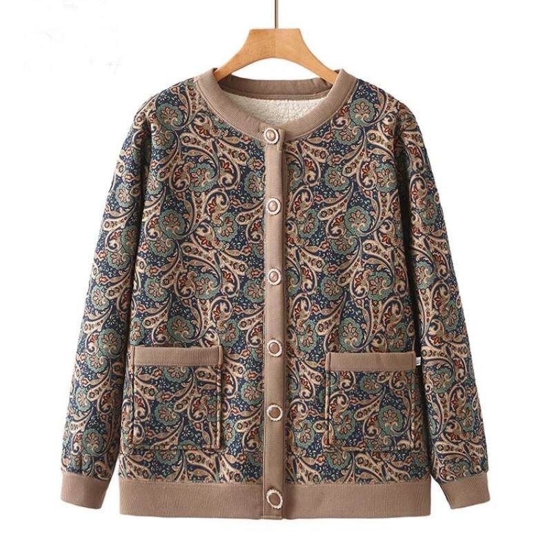 奶奶秋冬印花气质开衫显瘦保暖款纽扣加绒妈妈休闲短外套女上衣服,女装/女士精品,短外套,淘宝优惠券,粉丝福利购,淘宝优惠卷