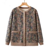 奶奶秋冬印花气质开衫 纽扣加绒妈妈休闲短外套女上衣服 显瘦保暖款