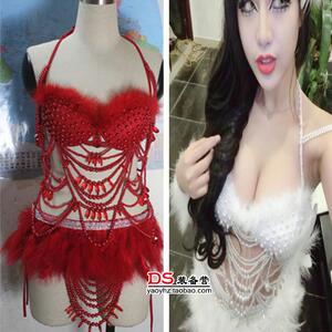 夜店酒吧ds女歌手gogo演出服dj嘉宾领舞服性感珍珠羽毛比基尼套装