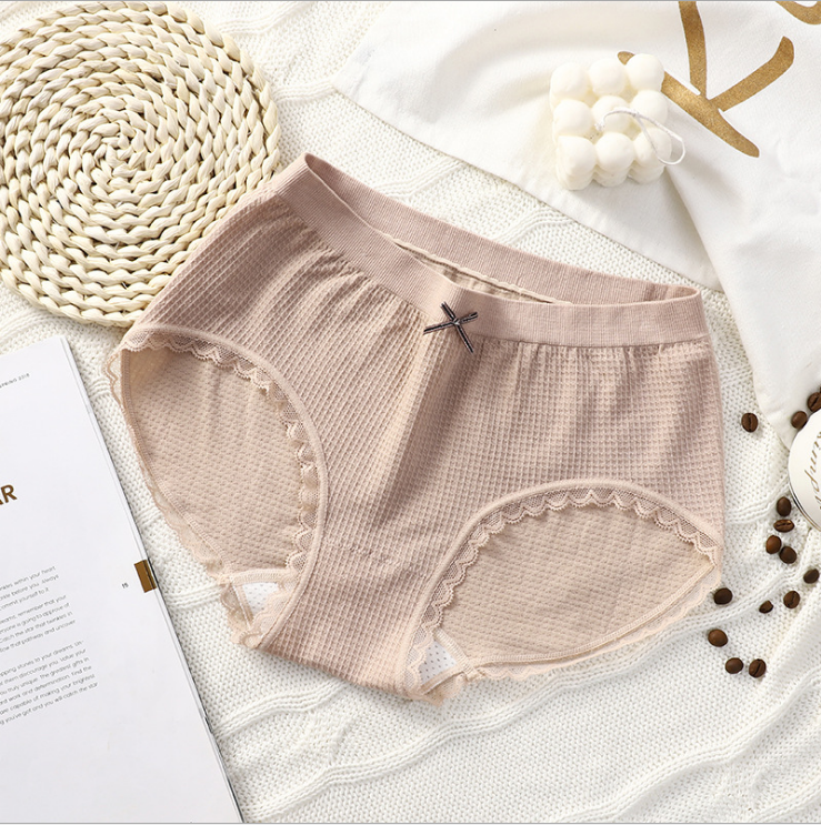 少女华夫格提花无缝艾草中腰内裤
