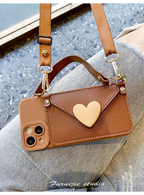 棕色爱心卡包16promax手机壳适用三星s23+插卡A54/A14/A34挂绳a53/a52/a51棕色note20ultra/S24ultra保护套